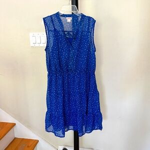 Blue Chiffon Tiered Sleeveles Dress White Polka Dots Adjustable Waist &Suspender